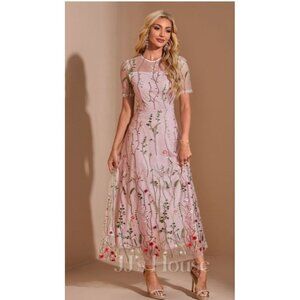 JJ'sHouse Elegant Pink Embroidered Maxi Dress Women’s Formal Gown Floral S